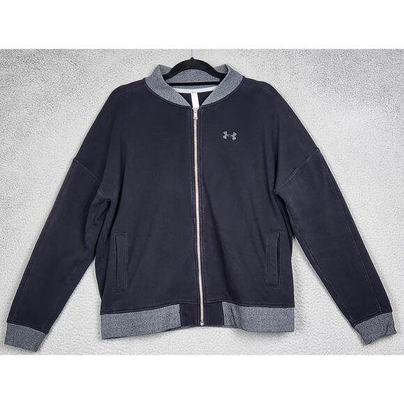 UNDER ARMOUR Jacket Womens XL Black Threadborne Fleece Bomber Full Zip Loose - Picture 1 of 16
